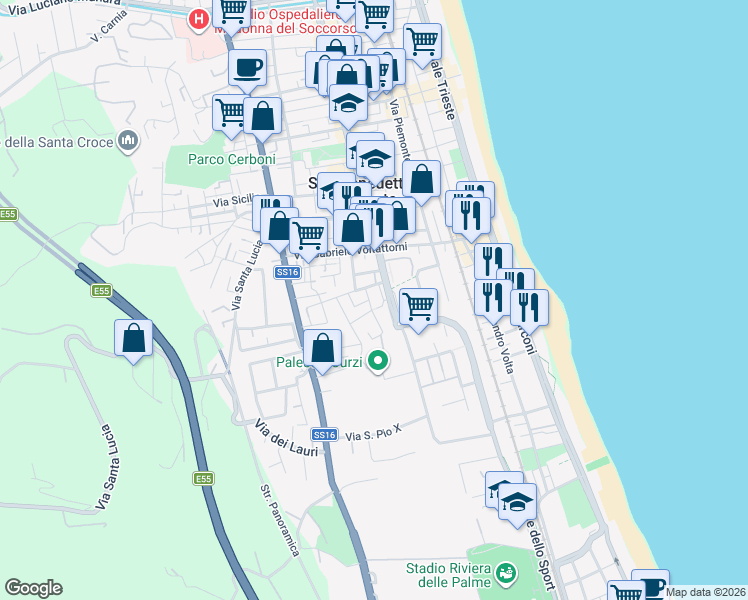 map of restaurants, bars, coffee shops, grocery stores, and more near 13 Via del Tiziano in San Benedetto del Tronto