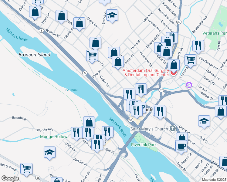 map of restaurants, bars, coffee shops, grocery stores, and more near 8 Mohawk Place in Amsterdam