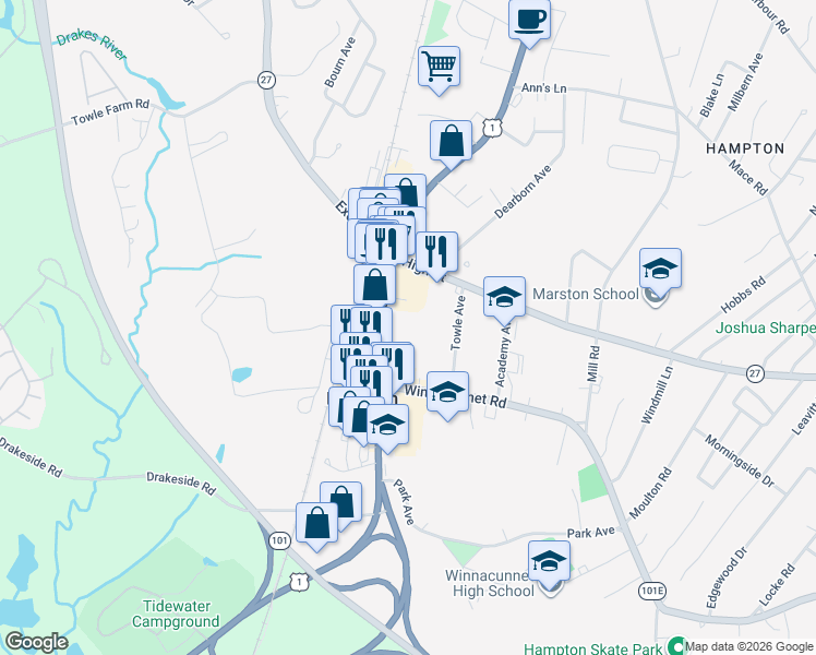 map of restaurants, bars, coffee shops, grocery stores, and more near 369 Lafayette Road in Hampton