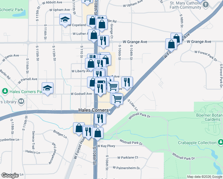 map of restaurants, bars, coffee shops, grocery stores, and more near in Hales Corners