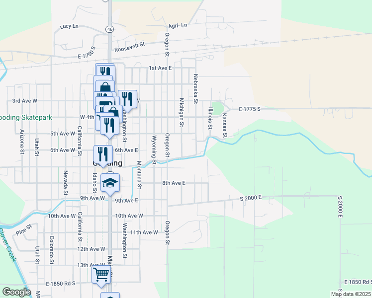 map of restaurants, bars, coffee shops, grocery stores, and more near 574 Michigan Street in Gooding