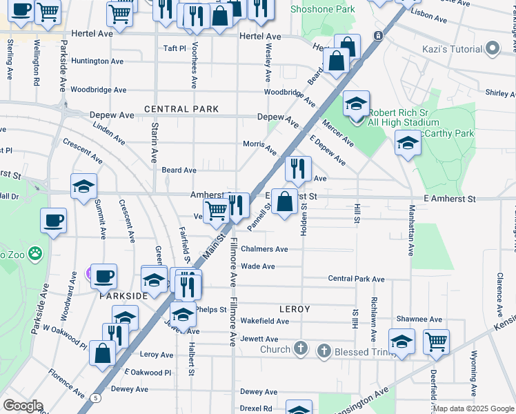 map of restaurants, bars, coffee shops, grocery stores, and more near 33 Pannell Street in Buffalo