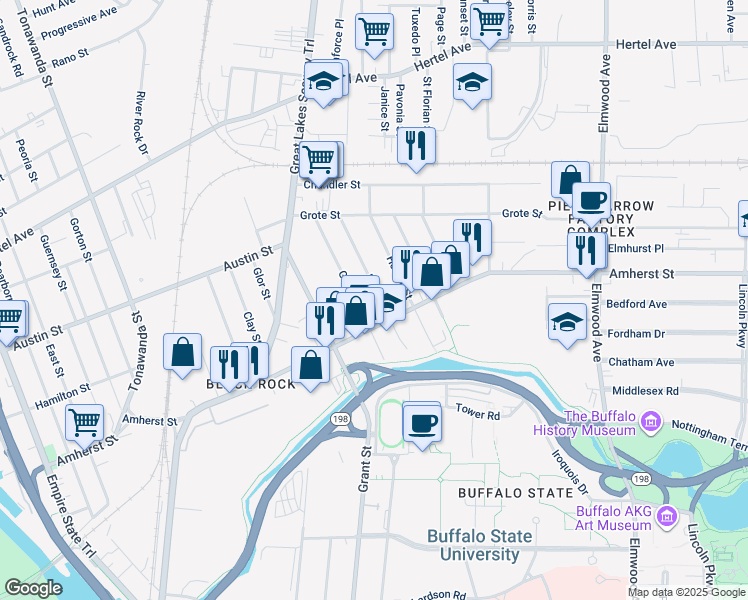 map of restaurants, bars, coffee shops, grocery stores, and more near 442 Amherst Street in Buffalo