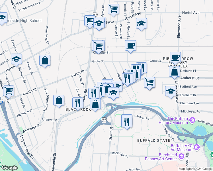 map of restaurants, bars, coffee shops, grocery stores, and more near 394 Amherst Street in Buffalo