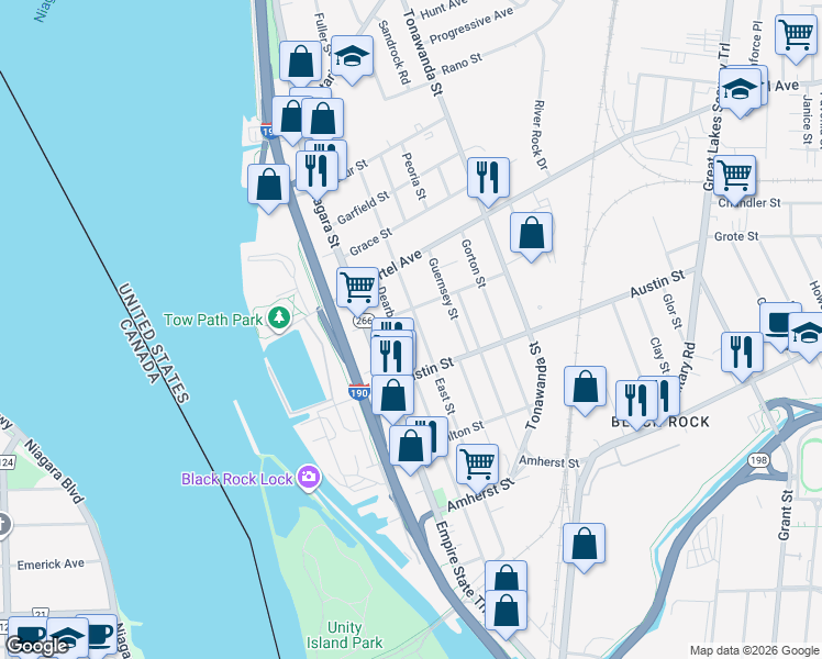 map of restaurants, bars, coffee shops, grocery stores, and more near 361 Dearborn Street in Buffalo