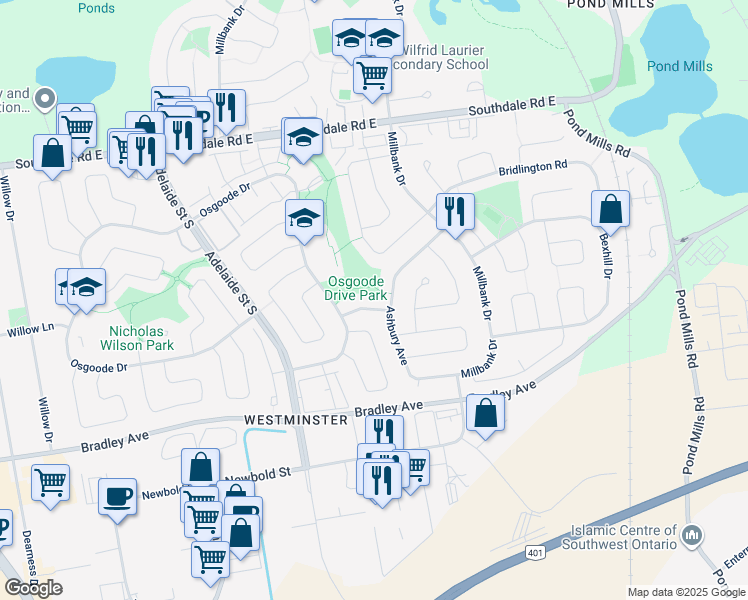 map of restaurants, bars, coffee shops, grocery stores, and more near 9 Woodrow Crescent in London