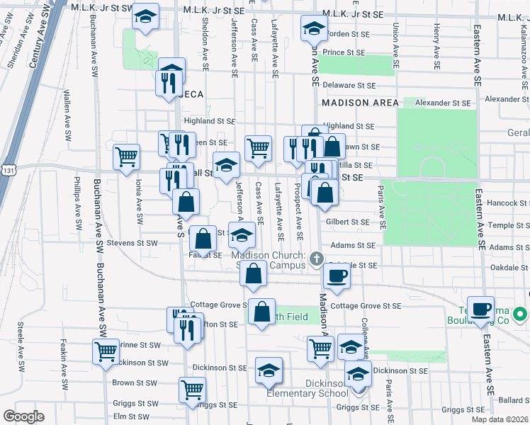 map of restaurants, bars, coffee shops, grocery stores, and more near 1310 Cass Avenue Southeast in Grand Rapids