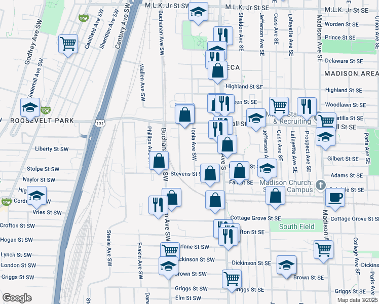 map of restaurants, bars, coffee shops, grocery stores, and more near 1318 Ionia Avenue Southwest in Grand Rapids