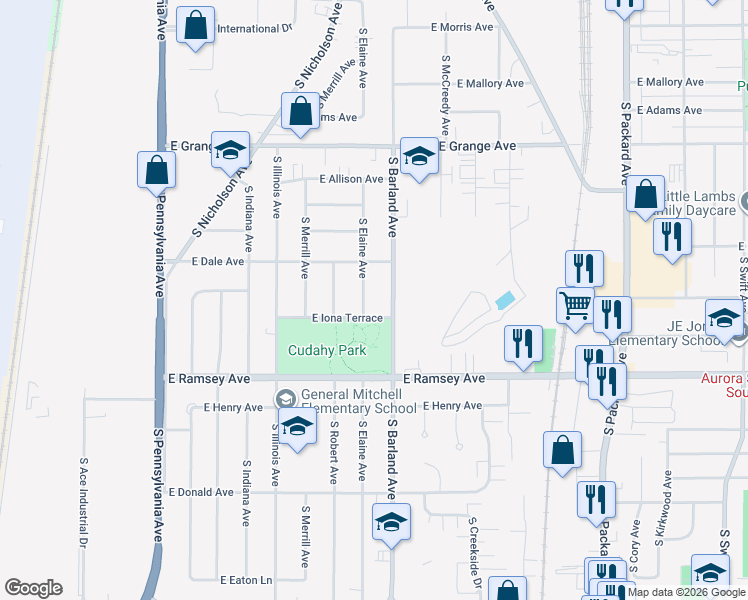 map of restaurants, bars, coffee shops, grocery stores, and more near 3036 East Iona Terrace in Cudahy