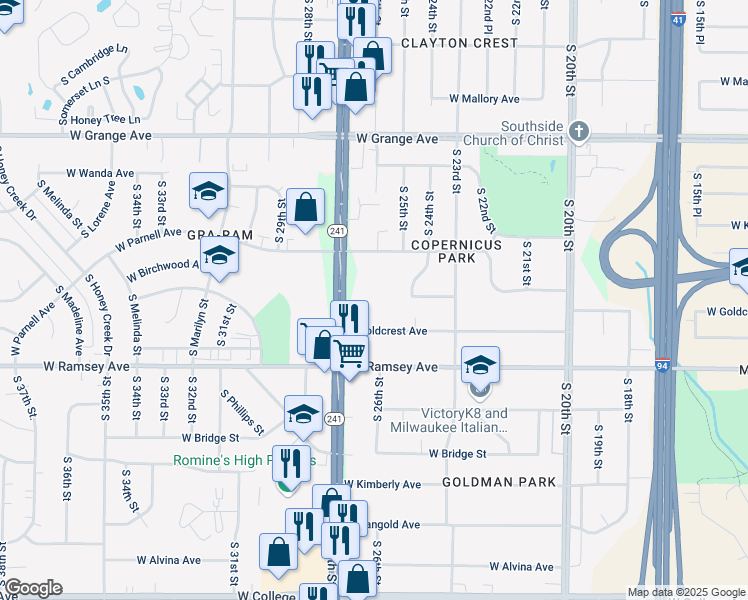 map of restaurants, bars, coffee shops, grocery stores, and more near 2602 West Goldcrest Avenue in Milwaukee