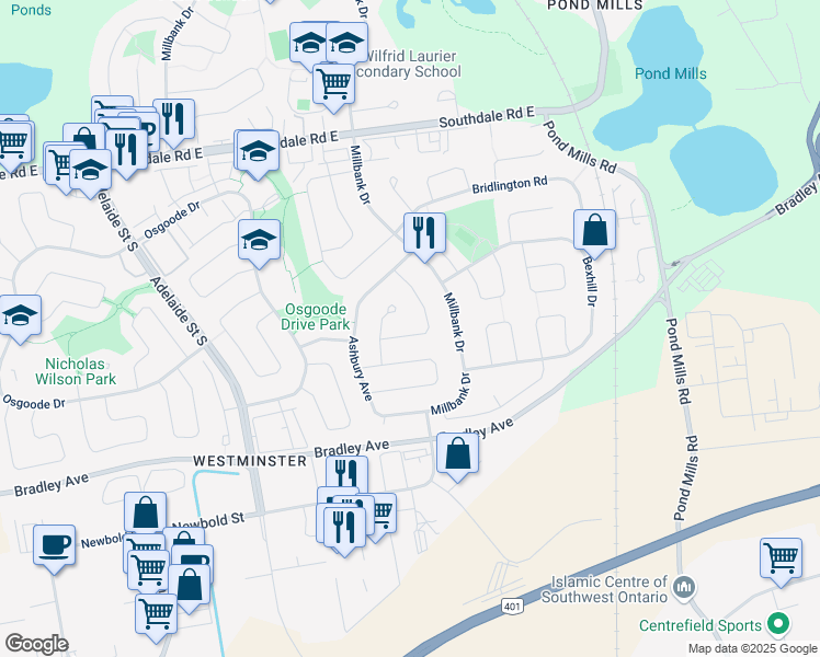 map of restaurants, bars, coffee shops, grocery stores, and more near 47 Barrett Crescent in London