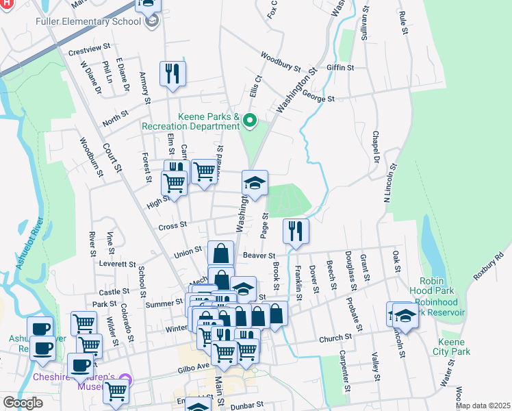 map of restaurants, bars, coffee shops, grocery stores, and more near 217 Washington Street in Keene