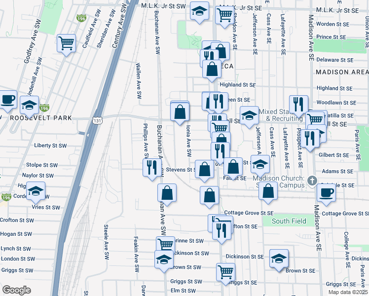 map of restaurants, bars, coffee shops, grocery stores, and more near 1318 Ionia Avenue Southwest in Grand Rapids