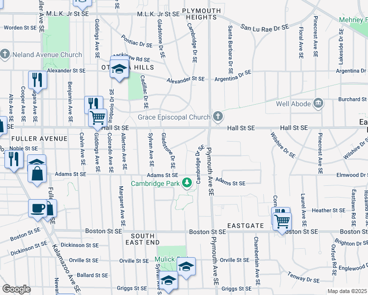 map of restaurants, bars, coffee shops, grocery stores, and more near 1664 Hall Street Southeast in Grand Rapids