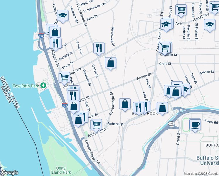 map of restaurants, bars, coffee shops, grocery stores, and more near 395 Tonawanda Street in Buffalo