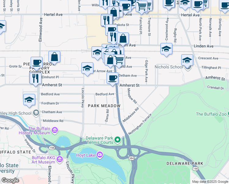 map of restaurants, bars, coffee shops, grocery stores, and more near 2050 Delaware Avenue in Buffalo
