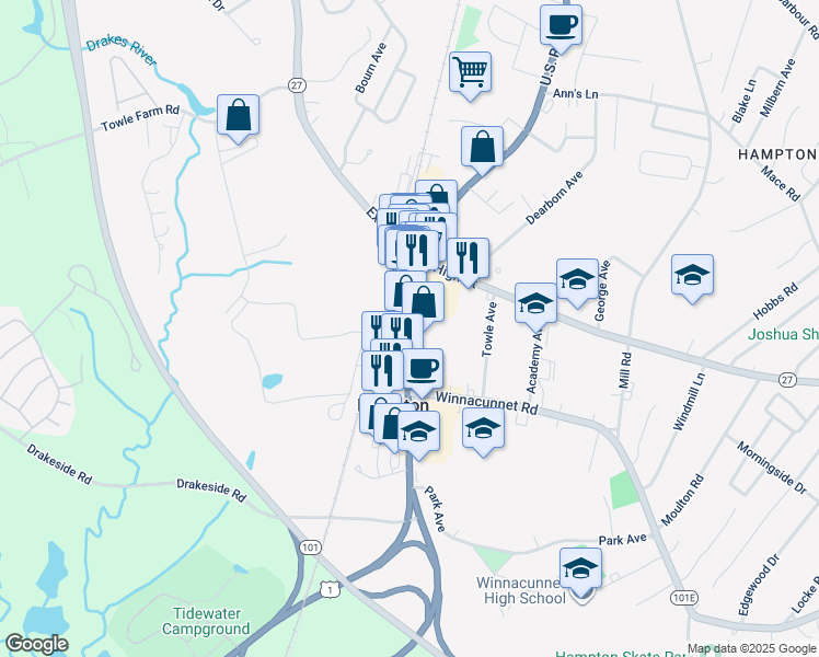 map of restaurants, bars, coffee shops, grocery stores, and more near 418 Lafayette Road in Hampton