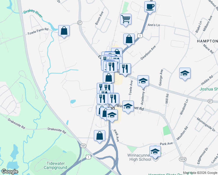 map of restaurants, bars, coffee shops, grocery stores, and more near 418 Lafayette Road in Hampton
