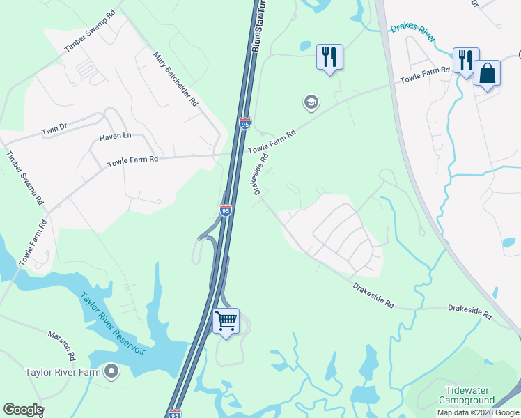 map of restaurants, bars, coffee shops, grocery stores, and more near 263 Drakeside Road in Hampton