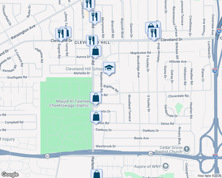map of restaurants, bars, coffee shops, grocery stores, and more near 22 Bigelow Road in Cheektowaga