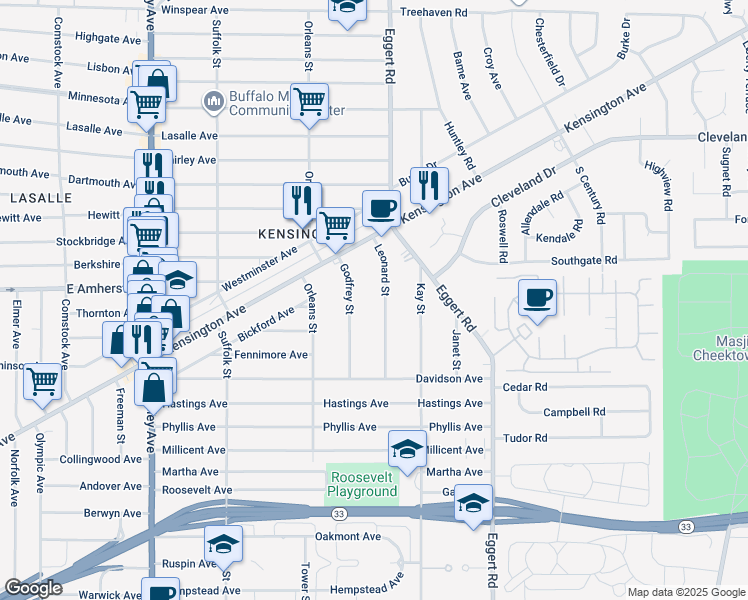 map of restaurants, bars, coffee shops, grocery stores, and more near 112 Leonard Street in Buffalo