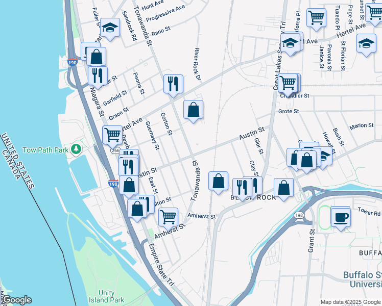 map of restaurants, bars, coffee shops, grocery stores, and more near 395 Tonawanda Street in Buffalo