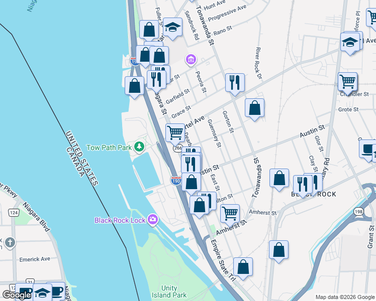 map of restaurants, bars, coffee shops, grocery stores, and more near 424 Dearborn Street in Buffalo