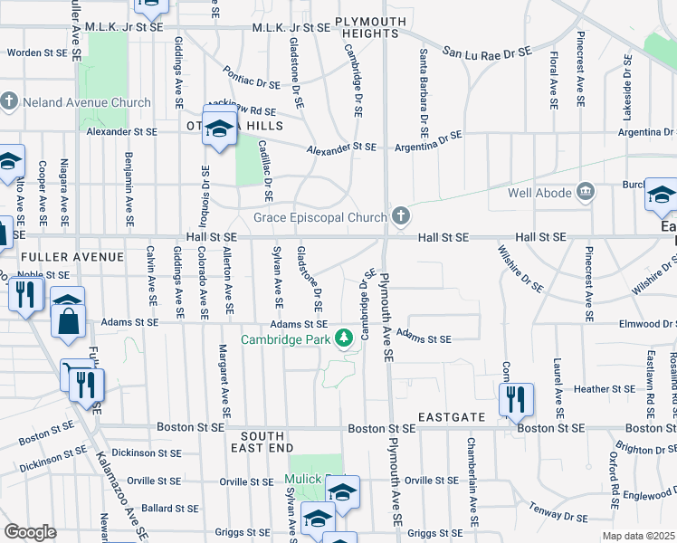 map of restaurants, bars, coffee shops, grocery stores, and more near 1664 Hall Street Southeast in Grand Rapids