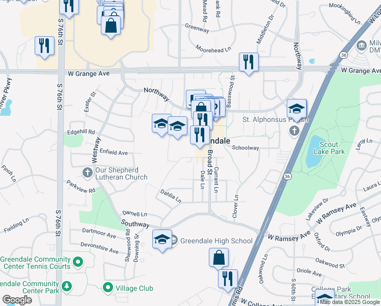 map of restaurants, bars, coffee shops, grocery stores, and more near 6799 Schoolway in Greendale