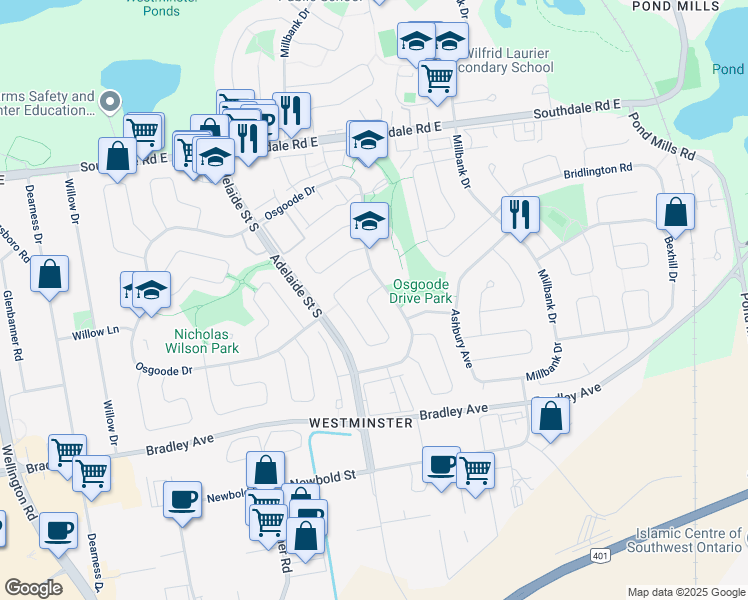 map of restaurants, bars, coffee shops, grocery stores, and more near 7 Harding Crescent in London