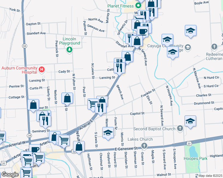 map of restaurants, bars, coffee shops, grocery stores, and more near 64 Grant Avenue in Auburn