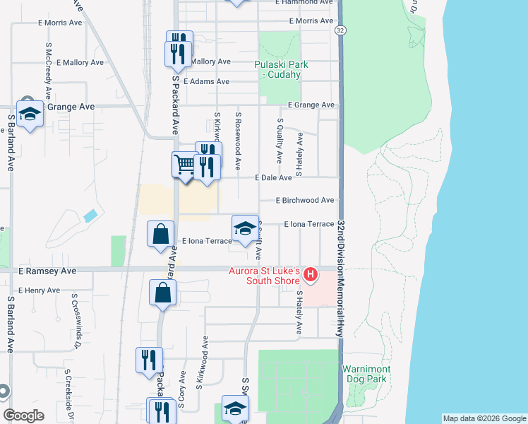 map of restaurants, bars, coffee shops, grocery stores, and more near 5723 South Swift Avenue in Cudahy