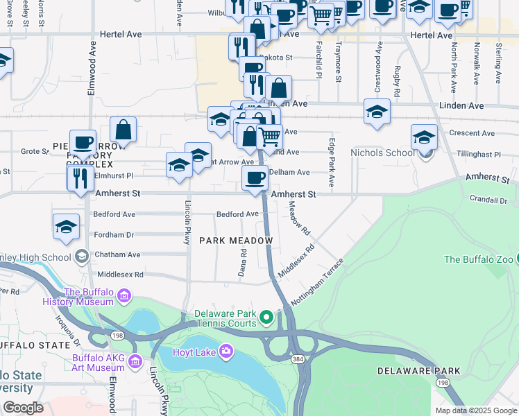 map of restaurants, bars, coffee shops, grocery stores, and more near 969 Amherst Street in Buffalo