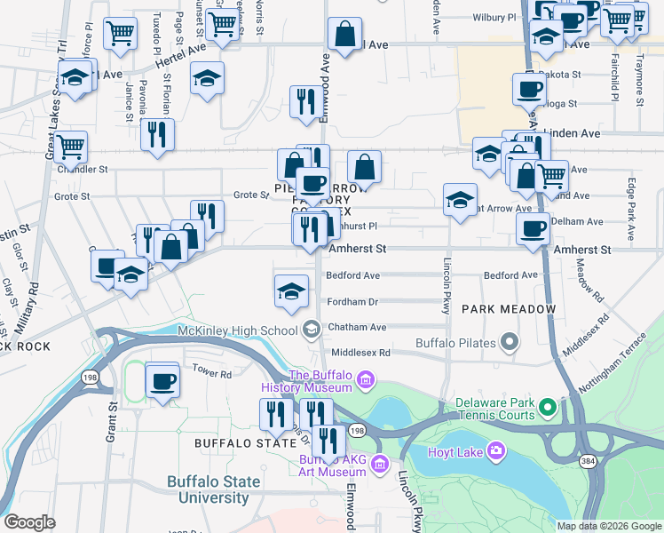 map of restaurants, bars, coffee shops, grocery stores, and more near 345 Bedford Avenue in Buffalo
