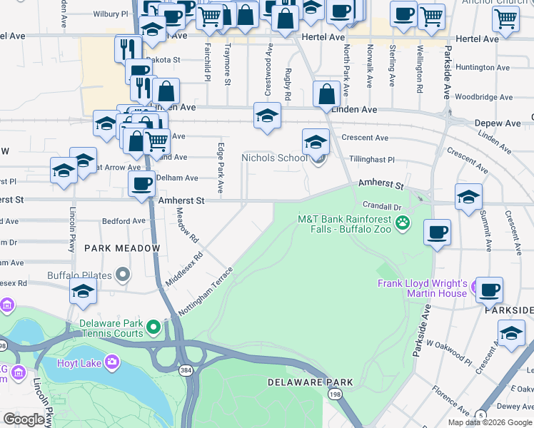 map of restaurants, bars, coffee shops, grocery stores, and more near 1167 Amherst Street in Buffalo