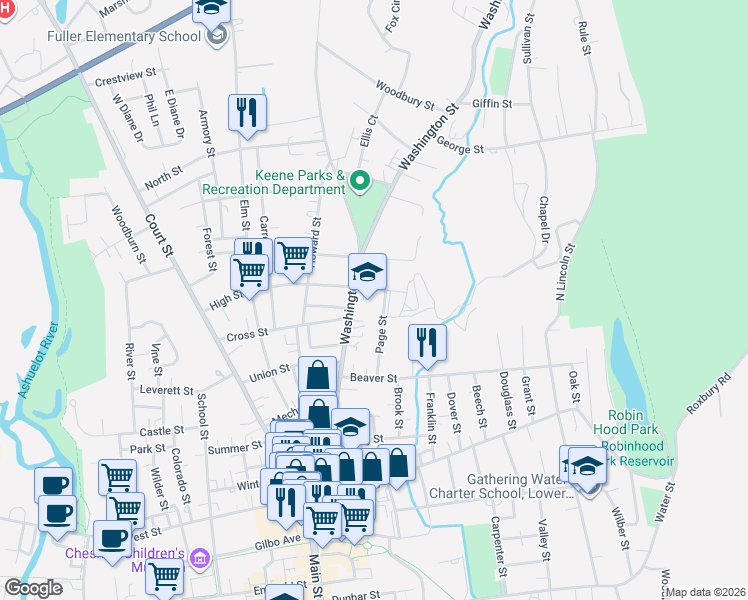 map of restaurants, bars, coffee shops, grocery stores, and more near 10 Greenlawn Street in Keene