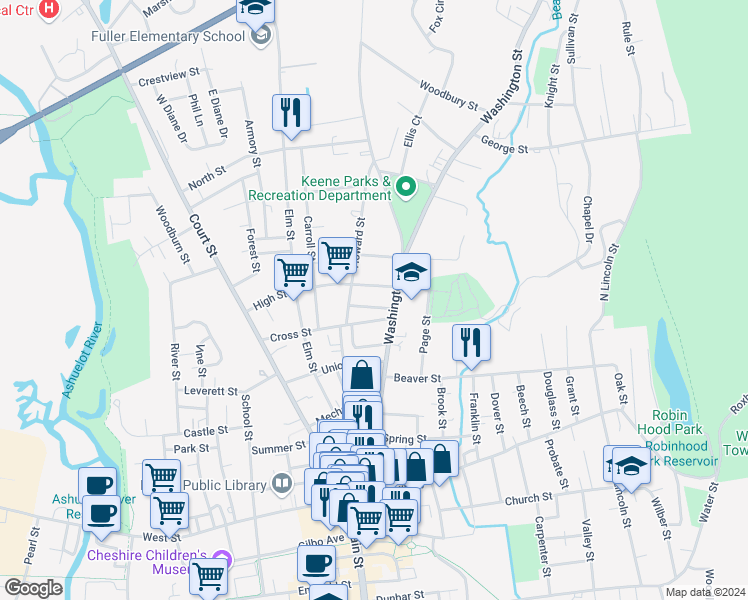 map of restaurants, bars, coffee shops, grocery stores, and more near 27 High Street in Keene