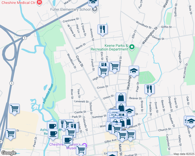 map of restaurants, bars, coffee shops, grocery stores, and more near 143 High Street in Keene