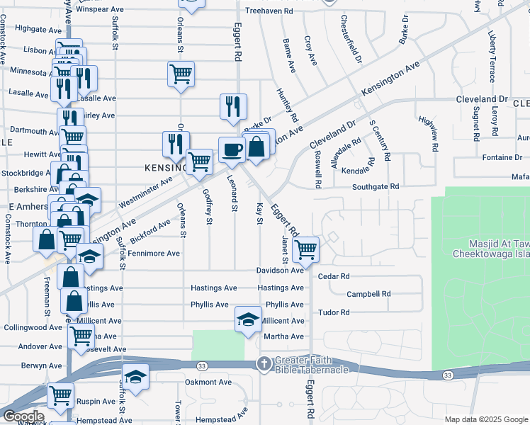 map of restaurants, bars, coffee shops, grocery stores, and more near 214 Kay Street in Buffalo