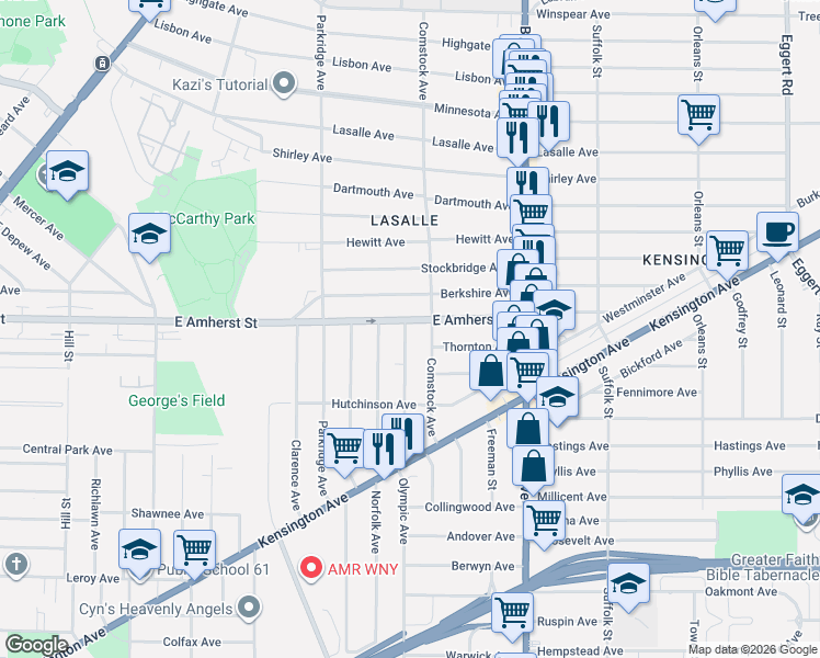 map of restaurants, bars, coffee shops, grocery stores, and more near 542 East Amherst Street in Buffalo