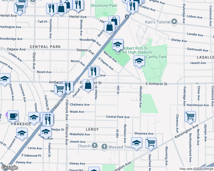 map of restaurants, bars, coffee shops, grocery stores, and more near 142 East Amherst Street in Buffalo
