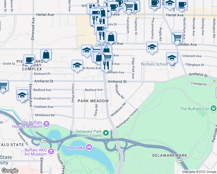 map of restaurants, bars, coffee shops, grocery stores, and more near 1011 Amherst Street in Buffalo