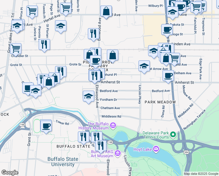 map of restaurants, bars, coffee shops, grocery stores, and more near 723 Amherst Street in Buffalo