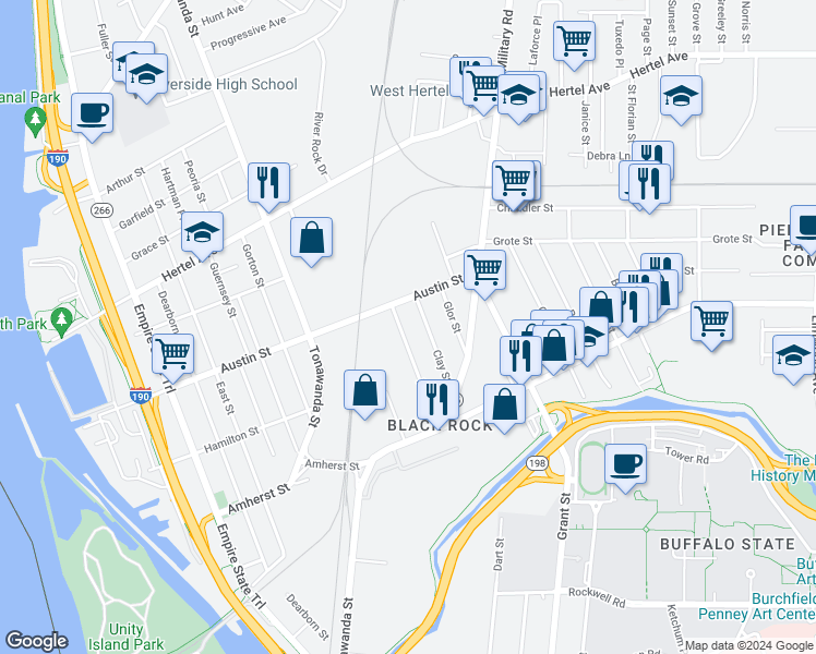 map of restaurants, bars, coffee shops, grocery stores, and more near 105 Clay Street in Buffalo