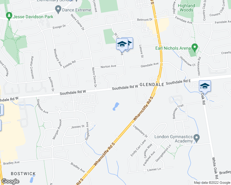 map of restaurants, bars, coffee shops, grocery stores, and more near 99 Southdale Road West in London