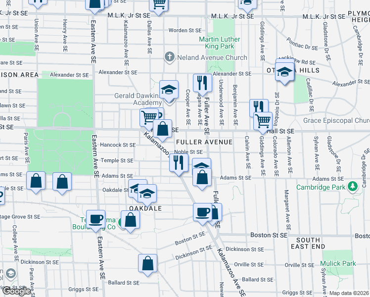 map of restaurants, bars, coffee shops, grocery stores, and more near 1216 Cooper Avenue Southeast in Grand Rapids