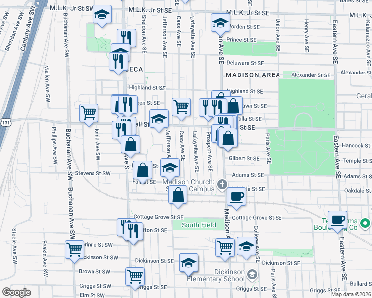 map of restaurants, bars, coffee shops, grocery stores, and more near 1230 Cass Avenue Southeast in Grand Rapids