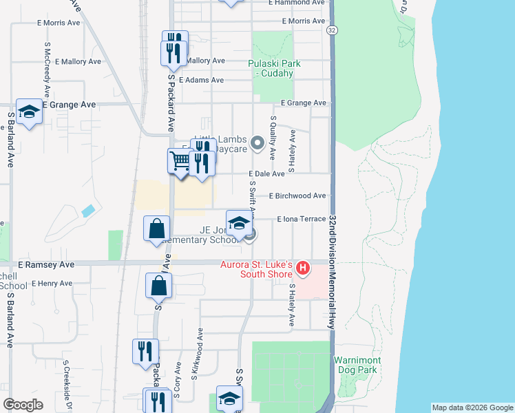 map of restaurants, bars, coffee shops, grocery stores, and more near 5723 South Swift Avenue in Cudahy
