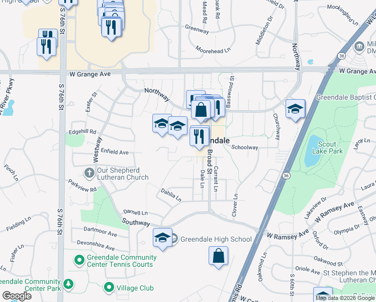 map of restaurants, bars, coffee shops, grocery stores, and more near 6799 Schoolway in Greendale