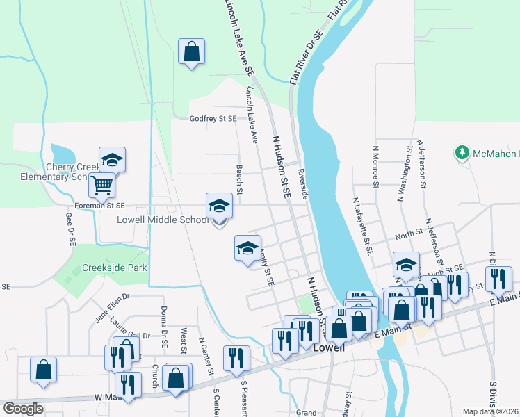 map of restaurants, bars, coffee shops, grocery stores, and more near 917 Lincoln Lake in Lowell